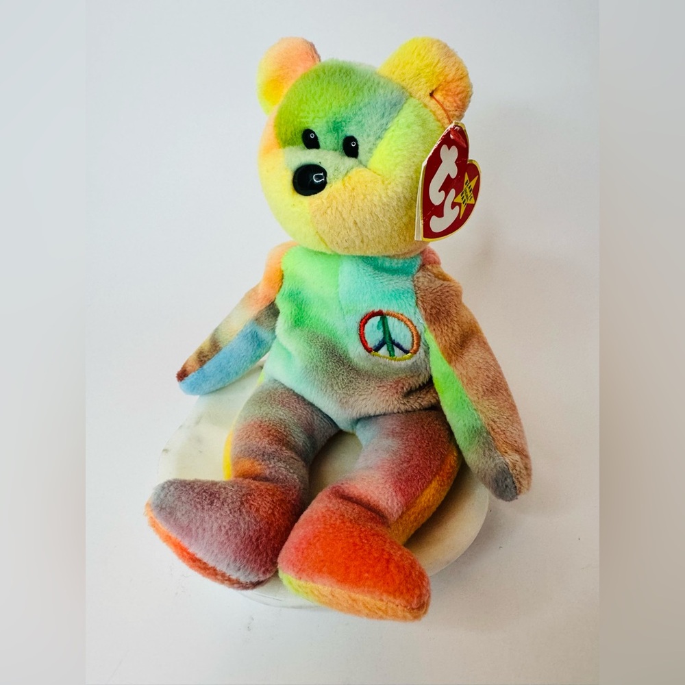 ☮️ Ty Beanie Baby “Peace” Bear Multicolor Tie-Dye Plush Vintage Collection 1996